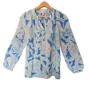 Lilly Pulitzer 100% Silk Elsa Nautical Print Blouse Seahorse Starfish Blue XXS